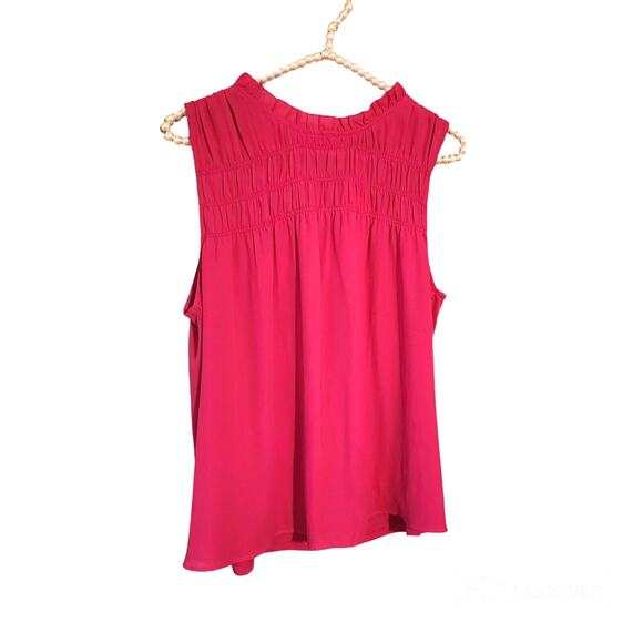 NWT $60 Ann Taylor Sz M Hot Pink Smocked Neck Career Sleeveless Satin Feel Top - Picture 3 of 7
